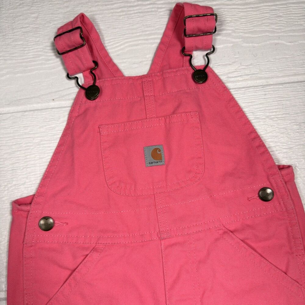 Carhartt Girls Loose Fit Canvas Bib Overalls Pink Lemonade 3T Workwear Kids - Picture 4 of 12